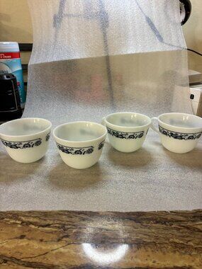 Set of 4 Pyrex Milk Glass Blue Onion Coffee Mugs